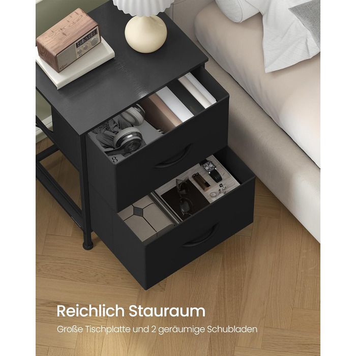 SONGMICS Комод з 2 висувними ящиками, шафка для зберігання, сталь, MDF, тканина, для спальні, прихожої, вітальні, чорний, LGS312BH03