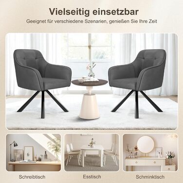 YOUDENOVA Комплект з 2-х обідніх стільців, 360° обертання з підлокітниками, оксамитовий м'який стілець для обідньої кімнати, кухні, вітальні та офісу, стільці для обідньої кімнати темно-сірий, комплект 2 шт.