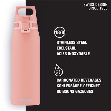 Вулична пляшка для пиття SIGG Shield ONE (/1 л), що не містить забруднюючих речовин і герметична пляшка для пиття, міцна спортивна пляшка для пиття з нержавіючої сталі з ОДНИМ верхом (0,75 л, сором'язливий рожевий)