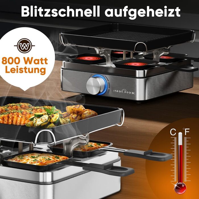 Raclette ProfiCook RG 1301 для 4 осіб | з 4 сковорідками та шпателями | Ракле | 800W