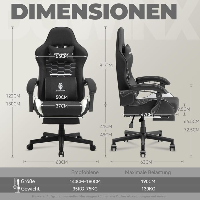 Ігровий крісло Dowinx з підголівником та підставкою для ніг, тканинне, з масажем, чорно-біле, ергономічне