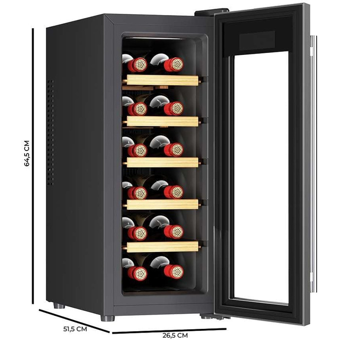 Винний шкаф Cecotec Bolero Grandsommelier 830 Coolcrystal: охолодження, терморегуляція 8-18°C, сенсорне управління, LED, для 12 пляшок (Inox + Holz)