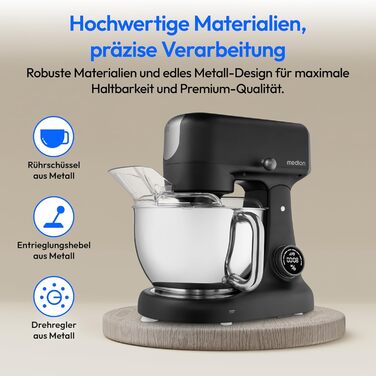 Кухонна машина MEDION MD12600: м'ясоподрібнювач, 4.6л чаша з нержавіючої сталі, тихий DC-двигун, 800 Вт, набір дисків для тертя, шинкування та нарізання, сенсорний дисплей, міксер, тістоміс