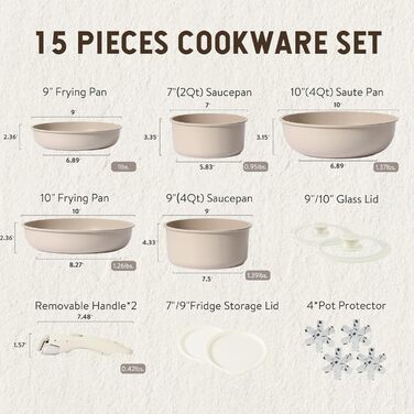 Набір каструль і сковорідок CAROTE на 15 предметів, зі знімною ручкою, індукційний кухонний посуд