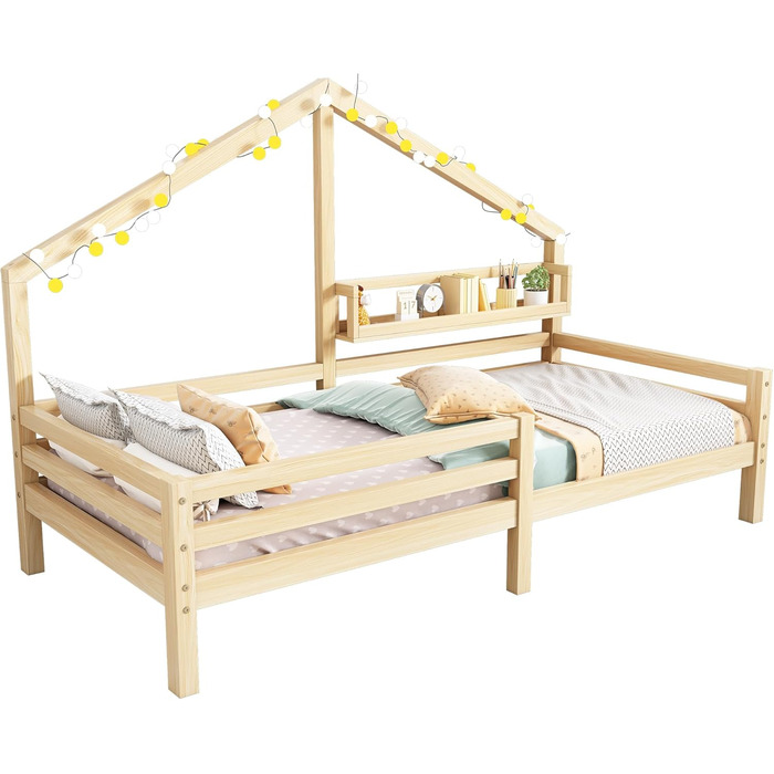 Ліжко дитяче Merax 90x200 см з бортиками, з ящиками та полицею, біле. Стабільне дерев'яне ліжко-будиночок з ламелями. Ігрове ліжко для хлопчиків та дівчаток.