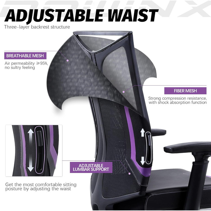 Ігровий крісло Dowinx з 3D підлокітниками, офісне крісло, ергономічне, з функцією гойдання, шкіряне, поворотне, для офісу та дому, чорний, сірий (чорний, фіолетовий)