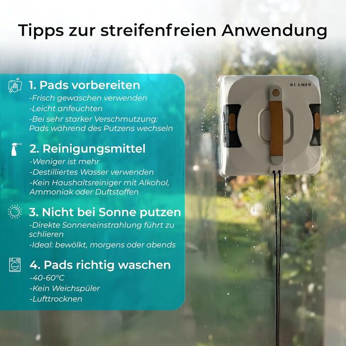 Робот-прибиральник вікон KLAMER 3500 Pa – автоматичний мийник вікон з резервуаром 100 мл, функцією вологого прибирання, розпізнаванням країв, тихий (60 дБ), захист від падіння та смарт-планування. Білий