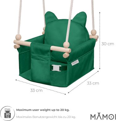 Дитяча гойдалка-колиска MAMOI з ременем безпеки, регульована висота 150-190 см, зелена. Гойдалка для дому, міцна конструкція, м'яке сидіння з велюру, легкий монтаж.