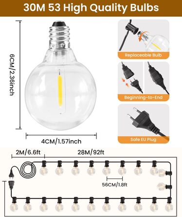 LED гірлянда для вулиці, 20м, G40, 30+2 лампочки, пластик, IP44, тепле біле світло, для саду, вечірки, шлюбної церемонії