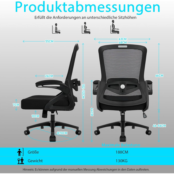 Ергономічне крісло для офісу, комп'ютерне крісло з регульованою 4D поперековою підтримкою, поворотне крісло з відкидними підлокітниками, крісло з функцією нахилу 90°-125°, сітчасте крісло до 130 кг, чорне
