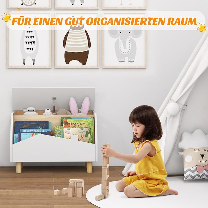 COSTWAY Скринька для іграшок з полицею, дерев'яна іграшковий ящик з кришкою, комод для іграшок, органайзер для дитячої кімнати, 60x30x44 см (Білий)