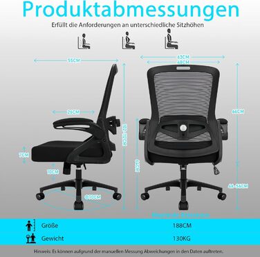 Ергономічне крісло для офісу, комп'ютерне крісло з регульованою 4D поперековою підтримкою, поворотне крісло з відкидними підлокітниками, крісло з функцією нахилу 90°-125°, сітчасте крісло до 130 кг, чорне