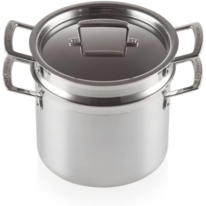 Каструля Le Creuset з нержавіючої сталі з кришкою та ситом, Ø 20 см, для всіх типів плит (включно з індукцією), срібна