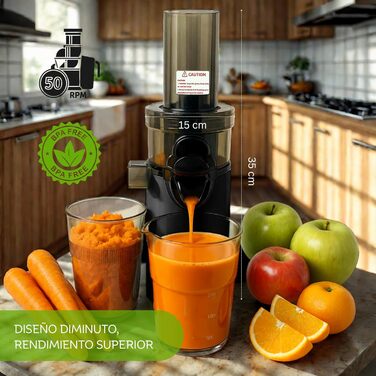 Електричний повільний соковитискач JuiceInstant Kompakter для фруктів та овочів, холодний віджим, BPA-free, з фільтром, антивитікання, чорний
