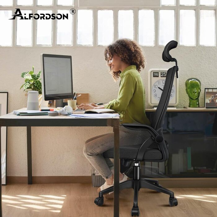 Офісний крісло ALFORDSON з динамічною підтримкою попереку, чорний. Ергономічний поворотний стілець з відкидними підлокітниками для комп'ютера