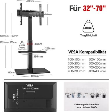 Підлогова підставка для телевізора AOKCOS 32-70 дюймів, до 40 кг, регульована по висоті, поворотна, поворотна, VESA 400x400 мм