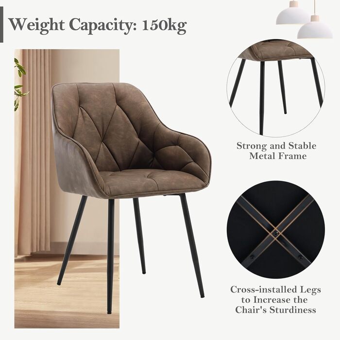 Крісла для їдальні WOLTU (2 шт.), для кухні та вітальні, ергономічні м'які крісла з підлокітниками, металеві ніжки, вінтажне штучне шкіряне сидіння, темно-коричневі