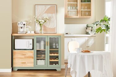 Буфет-комод SoBuy з скляними дверцятами, шухлядами та робочою поверхнею 120 см, нішею для мікрохвильової печі та полицею для вина. Кухняні меблі для вітальні та їдальні. Колір: зелений, розмір: 120x90x40 см