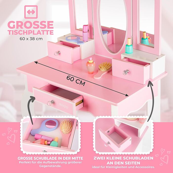 Дитячий туалетний столик Kinderplay Green з дзеркалом та стільчиком – Рожевий комплект для гри та макіяжу