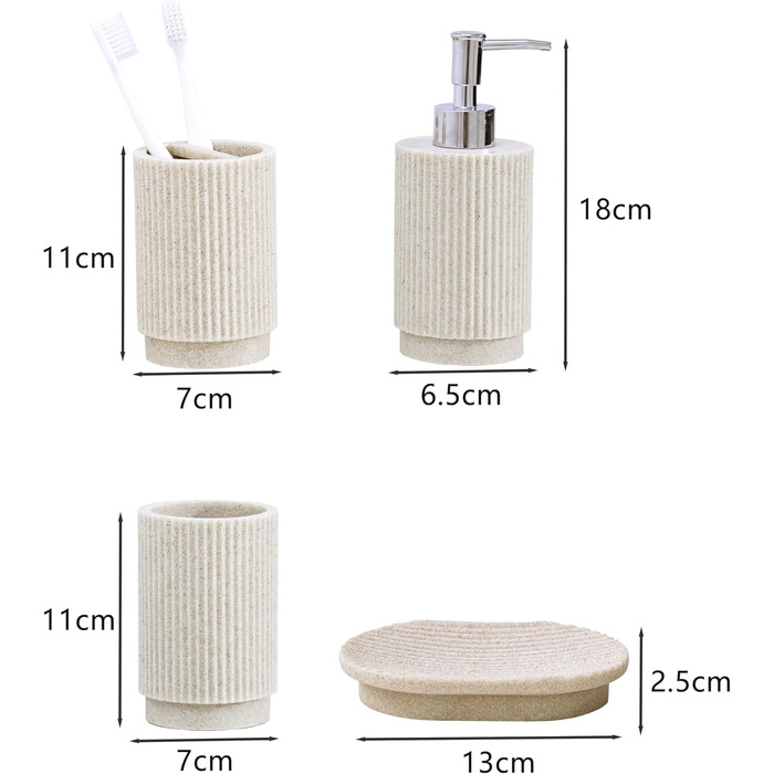 Набір для ванної кімнати 6-частинний: дозатор для мила, стакан для зубної пасти з підносом та коробочка для ватних паличок – смугастий дизайн, високоякісна смола. В комплекті: бежевий 4-частинний набір