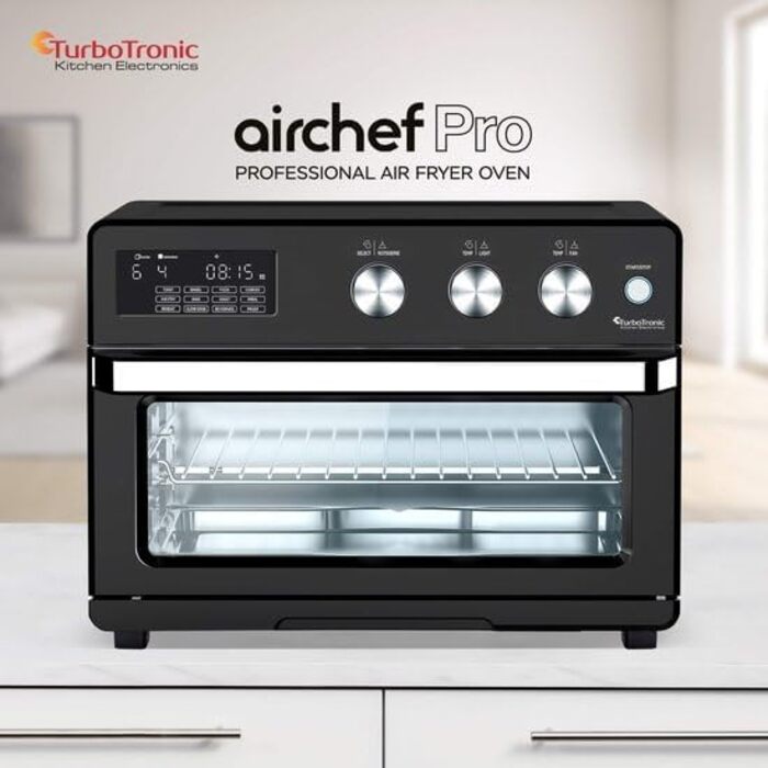 TurboTronic Цифровий Конвекційний Духовий Шовкопряд - XXL 32 літри з поворотним шампуром для курки 5 в 1 Міні-духовка, сушарка та фритюрниця Airfryer від 25°C (Чорний)