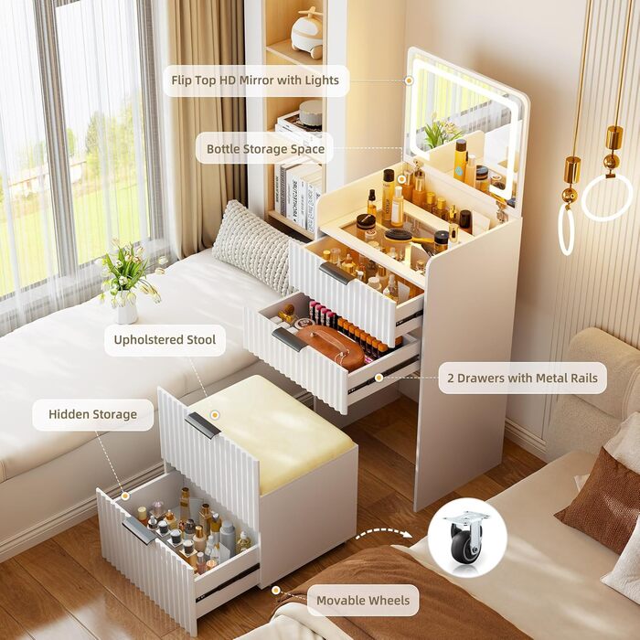 Трюмо Lvifur з LED-дзеркалом та 3 висувними ящиками, кутовий, для спальні, квартири, гуртожитку, білий