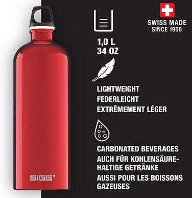 Вулична пляшка для пиття SIGG Traveller (1 л), екологічно чиста і герметична пляшка для пиття для піших прогулянок, легка спортивна пляшка для пиття з алюмінію (червоного кольору)