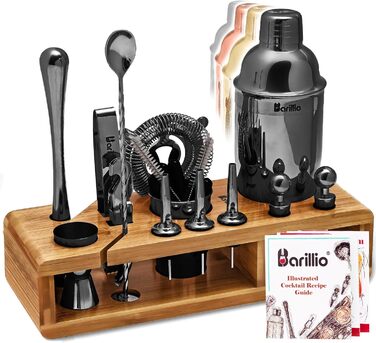 Набір шейкерів Barillio Elite Cocktail Set 23 шт. з бамбуковою підставкою, чорний