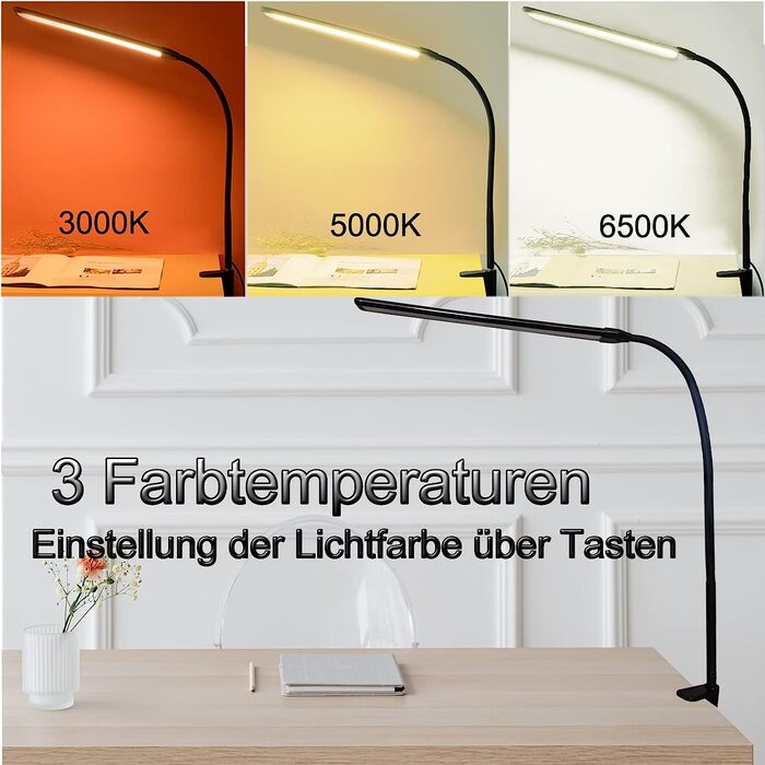 Настільна лампасвітлодіодна настільна лампа, 29,5-дюймова лампа з поворотним кронштейном, затискна лампа для захисту очей, 3 кольори і 10 рівнів яскравості з регульованою яскравістю USB, приліжкова лампа потужністю 12 Вт для офісу, декорування шкільного п