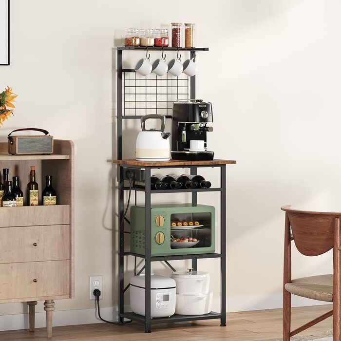 Стелаж для кухні з розетками, підлоговий, бакалійний, 35 x 48 x 135 см, 4 гачки, станція для кави з тримачем для пляшок та гачками, вінтажний коричневий та чорний ABRHR23UE01