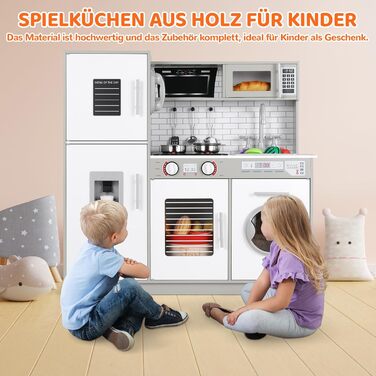 Дерев'яна дитяча кухня MAMIZO з підсвіткою та звуком, 82x80x25 см. Комплектація: аксесуари. Підходить для дітей від 3 років. Білий (сіро-білий) колір.