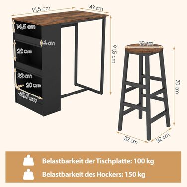 Барний стіл COSTWAY з барними стільцями (набір для 2 осіб), з 3 полицями, кухонний стіл у стилі ретро, колір - коричневий