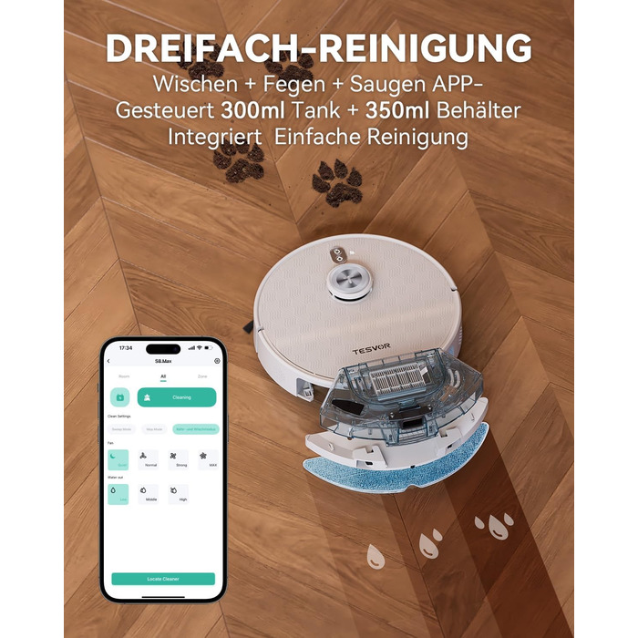 Робот-пилосос Tesvor S8 Pro з функцією миття - 8000Pa, LiDAR-навігація, 240 хв роботи, керування через додаток/Alexa, для прибирання шерсті тварин, килимів та твердих підлог