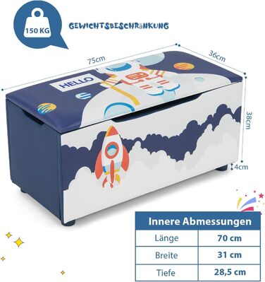 М'яка коробка для іграшок COSTWAY, дитяча коробка для зберігання зі знімною кришкою, універсальна лавка для іграшок з візерунком Rockets & Planet, для вітальні, дитячої, дитячої кімнати (синій)