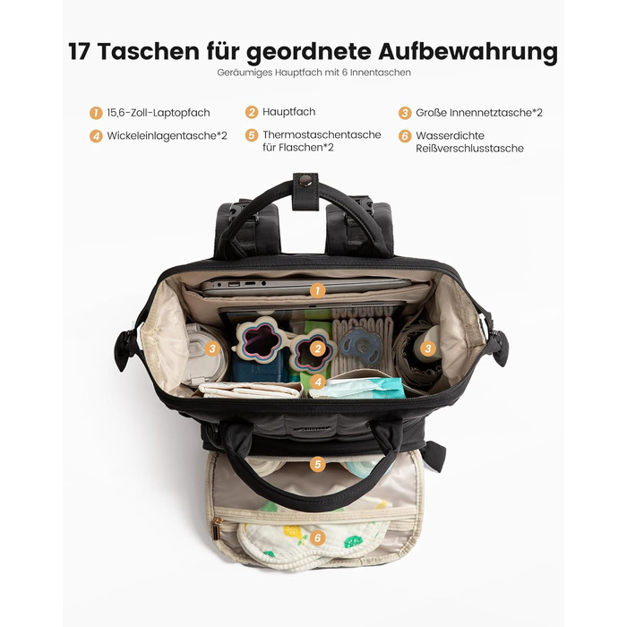 LOVEVOOK Рюкзак-переноска для малюків, рюкзак-пеленальник, сумка для підгузків, водонепроникна дитяча сумка, органайзер, ремені для дитячої коляски (M, Чорний)