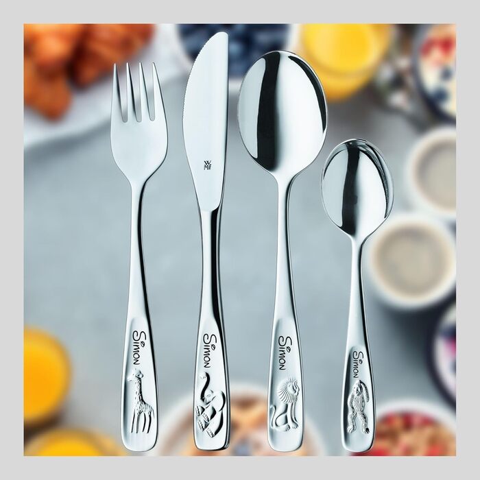 Дитячий набір столових приборів WMF Kinderbesteck з гравіюванням, нержавіюча сталь, 4 шт., придатний для миття в посудомийній машині, подарунок на хрещення, набір столових приборів для дітей від 3 років, з зображенням тварин