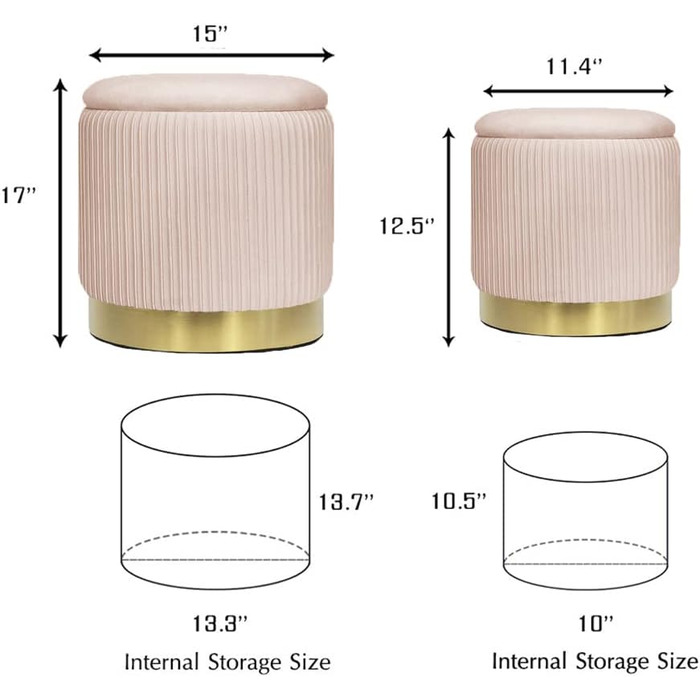Набір з 2 оксамитових табуретів з місцем для зберігання для вітальні, спальні, дитячої кімнати, ванної кімнати 2 розміри (троянда)