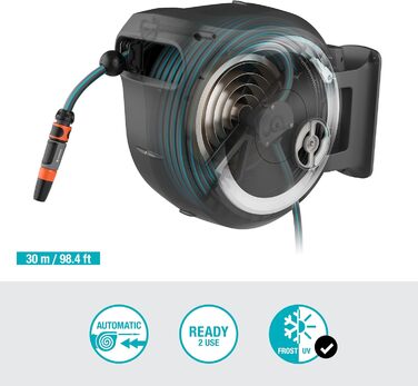 Набір для поливу Gardena RollUp L 30 м: гнучкий шланг для великих садів, поворотна коробка, з шлангом 30 м та монтажними аксесуарами (18625-20) (Білий, з розпилювачем)
