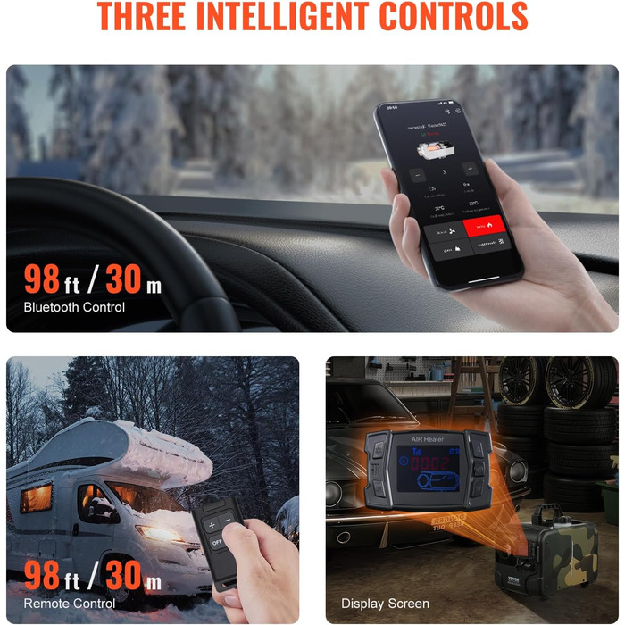 VEVOR 8 кВт дизельна піч опалення 12/24 В з Bluetooth, пультом дистанційного керування та CO-датчиком, швидко нагрівається, портативна, горизонтальна, маскувальна