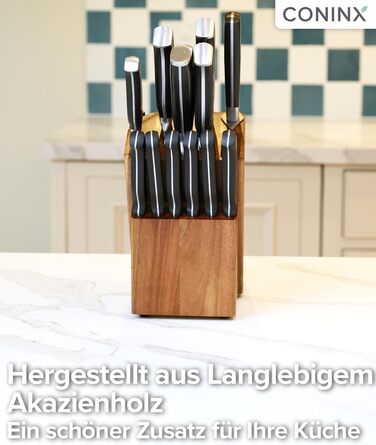Блок для ножів Coninx Universal з інтегрірувачем – Тримач для ножів з акації на 15 слотів – Стійкий підставка для кухонних ножів, хлібного ножа, ножа для стейка та ножиць, коричневий з інтегрірувачем