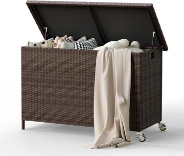 Водонепроникний садовий ящик Amopatio Gartenbox 480л з поліротангу, металевий з колесами та газліфтом для саду, балкону - коричневий