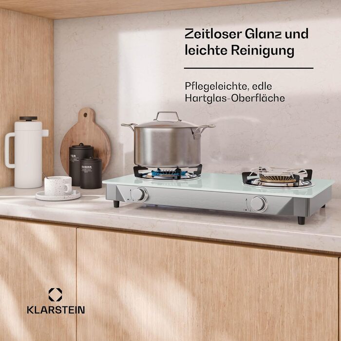 Газова плитка Klarstein 2-конфоркова, 7.7kW, для дому та кемпінгу, нержавіюча сталь, для автодому, портативна