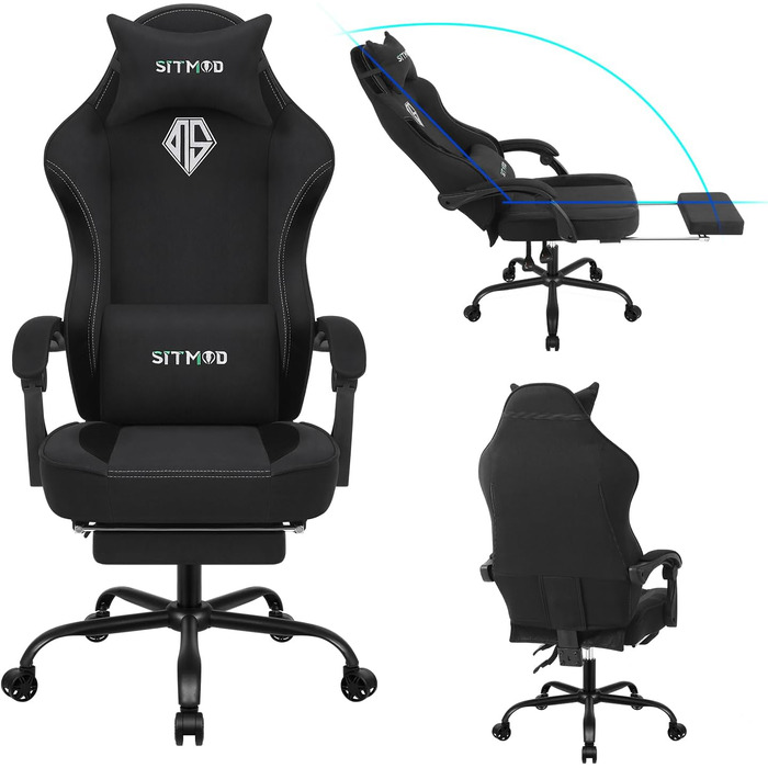 Ігровий крісло Stoff для дорослих, PC-крісло з підніжкою, ергономічний ігровий стілець, регульована спинка та висота сидіння, поворотне крісло з підтримкою попереку, до 150 кг (Чорний)