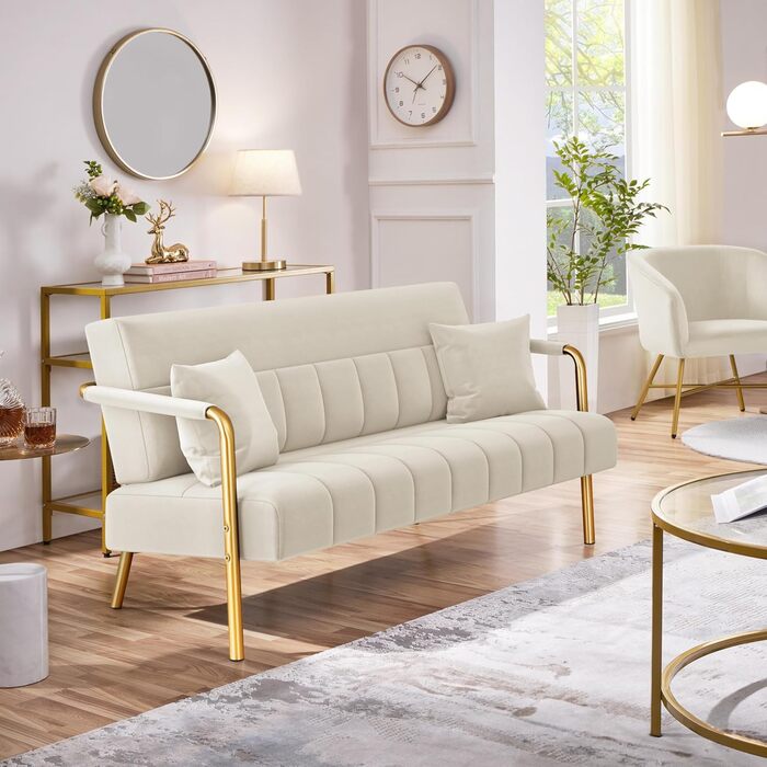 Диван Yaheetech з підлокітниками та металевими ніжками, сучасний двомісний диван з 2 подушками для попереку, бежевий, 143.5 x 71.5 x 75.5 см