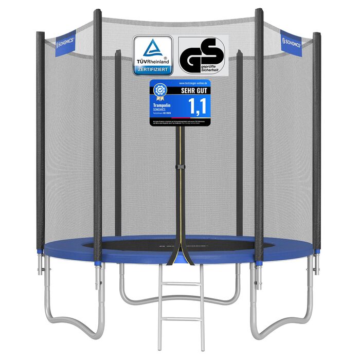 Батут SONGMICS вуличний Ø183/244/305/366/427 см, дитячий садовий батут з захисним покриттям, сіткою, драбиною та м'якими стійками (183 см, Синій)