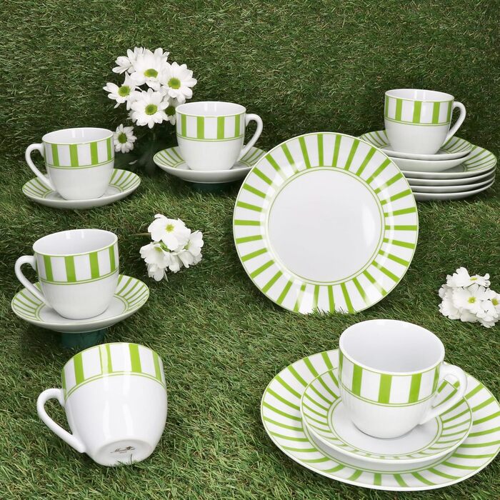 MamboCat Комплект посуду для кави та сніданку 18 предметів, зелений, для 6 осіб | Кавовий сервіз з порцеляни з смужками, 6 чашок 200мл, 6 підставок, 6 тарілок