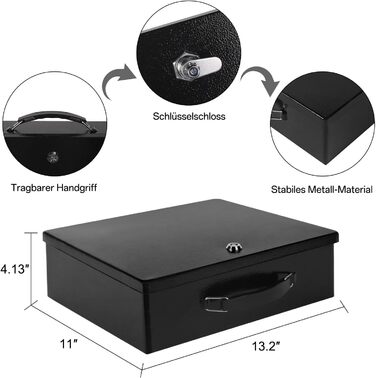 Вогнестійкий сейф для документів з ключовим замком, 33.5x28x10.5 см, чорний