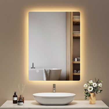 Дзеркало для ванної кімнати EMKE з підсвічуванням 80x60 см, з полицею, протизапотівальне, регульоване холодне біле світло 6500K, сенсорне керування, функція пам'яті, безрамкове дзеркало для ванної кімнати