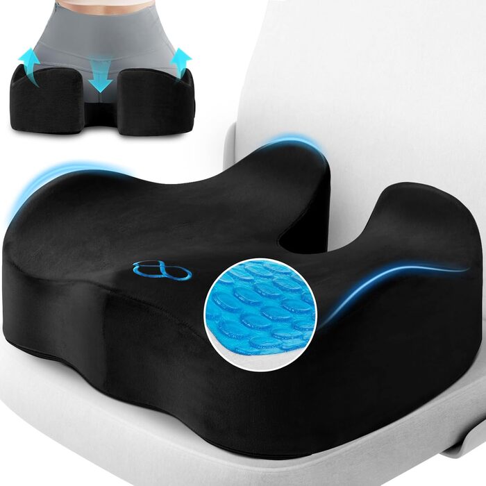 Подушка для сидіння CushyOasis: м'яка, з memory foam, для офісного крісла, протиковзна, знімний чохол, для полегшення болю в куприку, 13.4 см (Чорний)