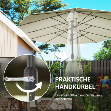 Outsunny Double Parasol 436 x 260 см, Сталева парасолька із захистом від ультрафіолету з ручною рукояткою, Овальна балконна парасолька Пляжна парасолька Вітрозахисна стабільна ринкова парасолька Колінчастий парасольку для пляжного балконного саду, бежева